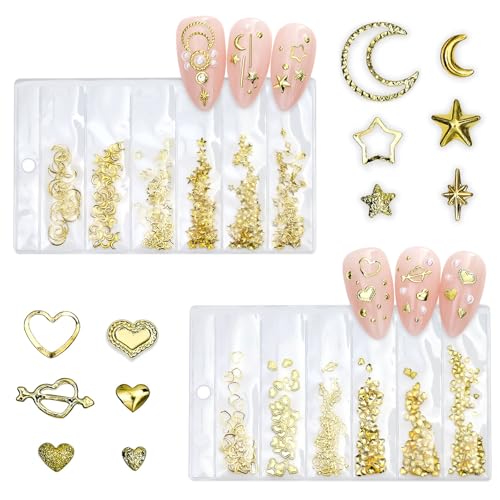 LunarCharm 400 Piezas de Decoración de Uñas Con Forma de Corazón y Luna, 3D, Oro, Kit de Manicura, Accesorios