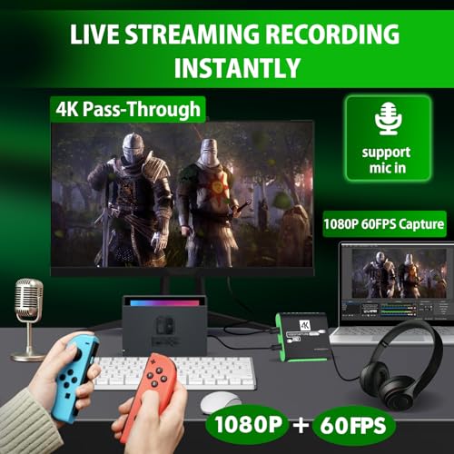 Image of USB 3.0 HDMI Video Capture Card for Nintendo Switch 2 1080P 60FPS Streaming | Plug & Play, No Driver, 4K@30Hz Passthrough, Mic Input, Audio Monitoring, Compatible with Switch, PS5, Xbox, OBS, PC, Mac