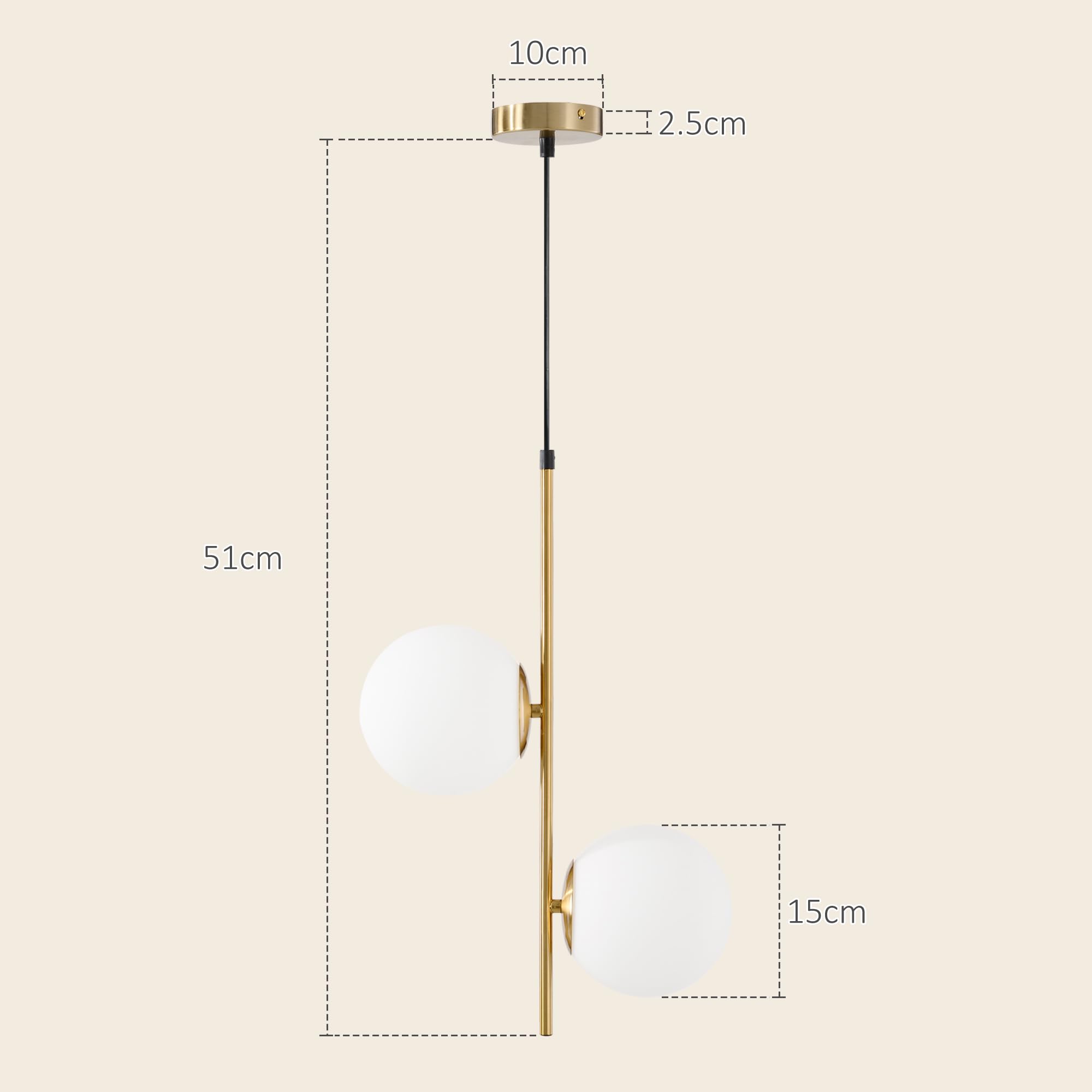 HOMCOM Lampada a Sospensione con 2 Paralumi, 32x15x51 cm, Bianca e Oro | in Vetro, Filo Regolabile, Lampada Moderna in Metallo