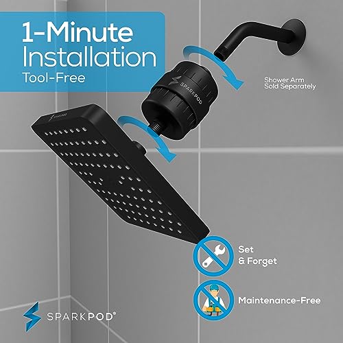 Image of SparkPod Filtered Shower Head, 23-Stage, 8 inch Square, Black Matte | Showerhead for Hard Water, High Pressure, Reduces Chlorine, Heavy Metals, For Dry Skin & Hair, Removable Capsule Filter