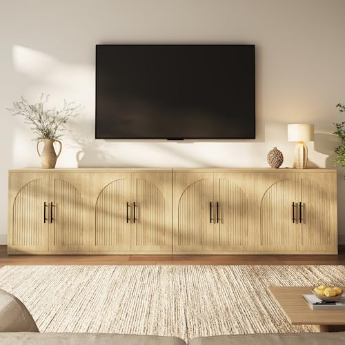Image of MapleGrace 63 inch Fluted Buffet Cabinet, Oak Credenza with Adjustable Shelf