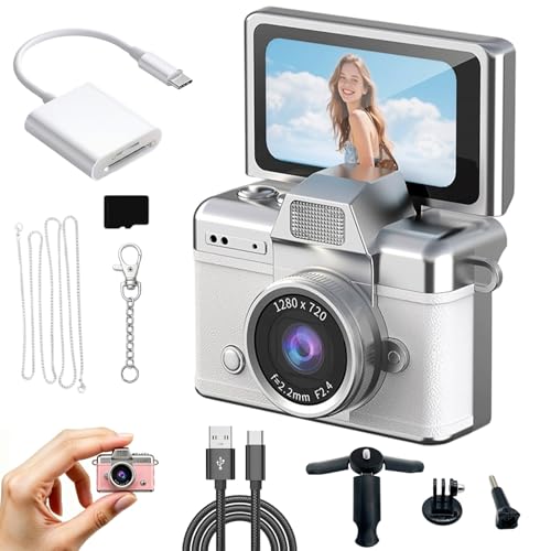 Cámara digital mini retro con pantalla flip y llavero blanca miniatura 1