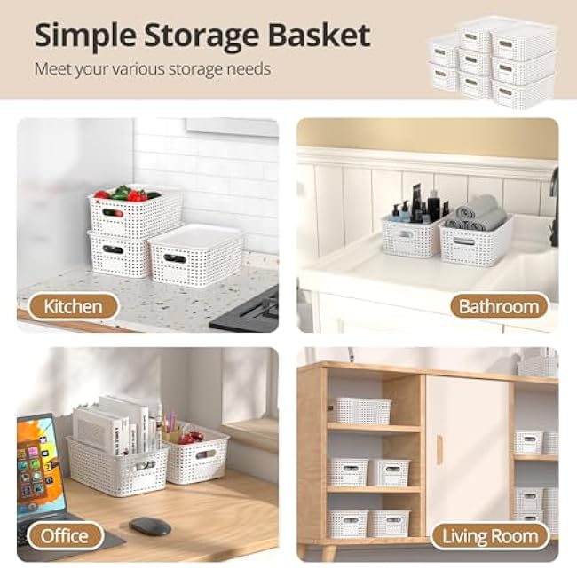 Plastic Storage Basket with Lid, Stackable Small Box Bins for Organizing and Containers for Shelves Drawers Desktop Closet Playroom Pantry Classroom Office Home, 6 Pack 10.2x7.2x4.1 Inch, White