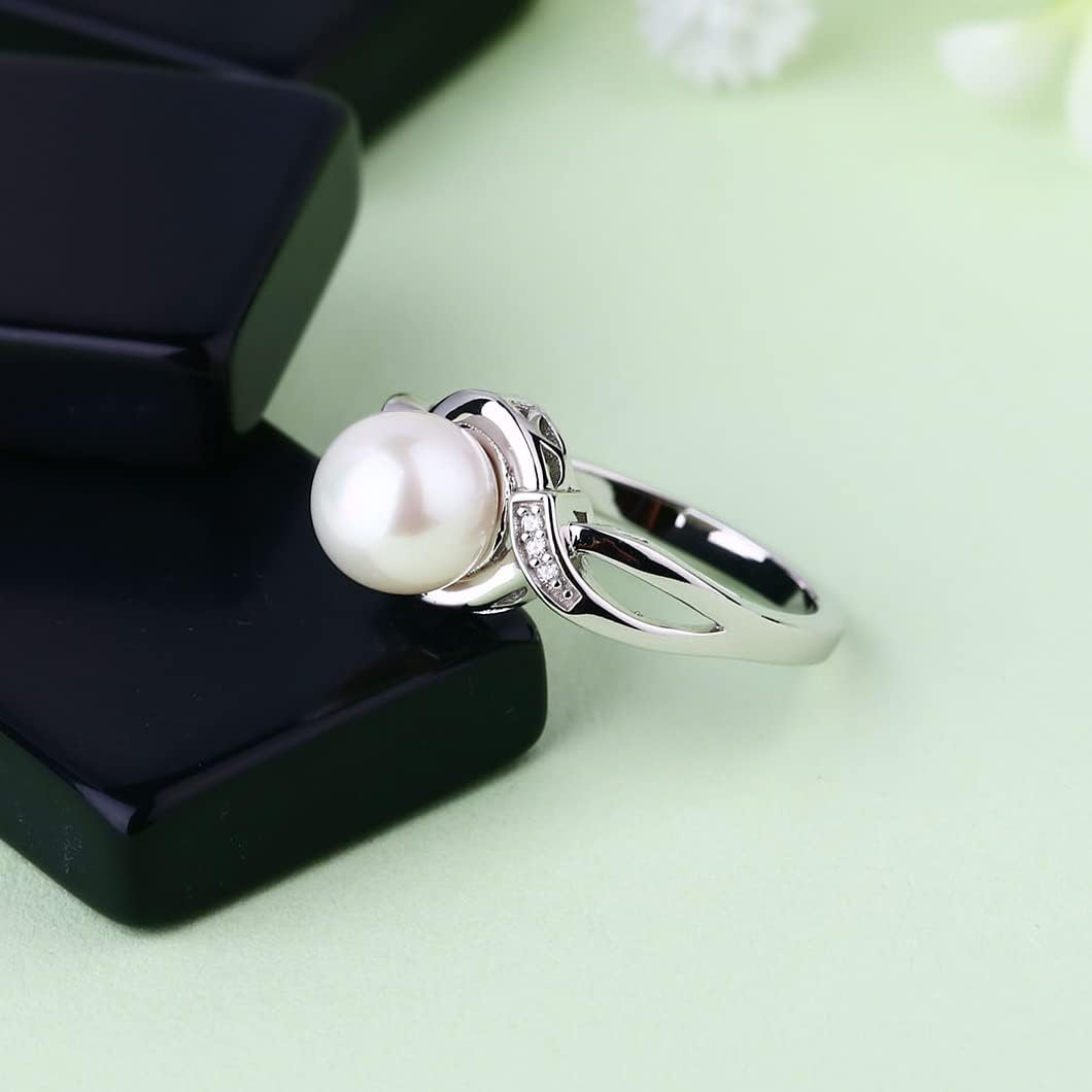JO WISDOM Pearl Ring,925 Sterling Silver Infinity Cubic Zirconia Women's Rings with 9mm White Freshwater Cultured Pearl Ring size 5-10