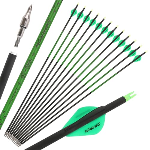 Poearcus Flecha de Carbono Puro para Tiro con Arco de 30 Pulgadas con Pluma de 2 Pulgadas para Arco recurvo y Arco Compuesto (6, Verde)