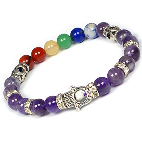 Image of Reiki Crystal Products Certified Natural Crystal Stone 7 Chakra with Hamsa 8 mm Round Beads Bracelet for Men & Women | Reiki Charged Gemstone Bracelet | Multiple Stone Variants Available