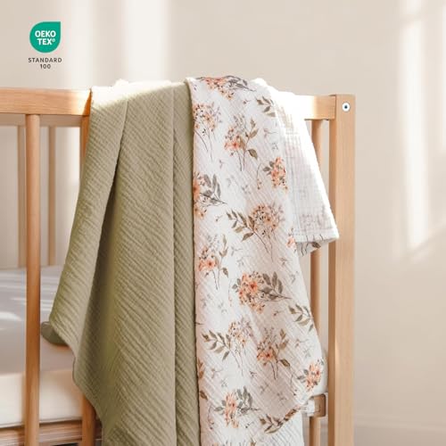 Image of lulumoon Muslin Swaddle Blankets for Baby: Soft Cotton Newborn Receiving Blankets - Floral Print Nursery Gift Set for Baby Girls(Olive Flower)
