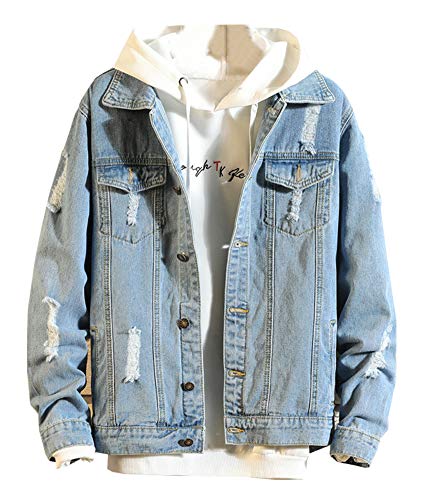Kedera Men's Distressed Denim Jacket Ripped Button Down Trucker Jean Coat