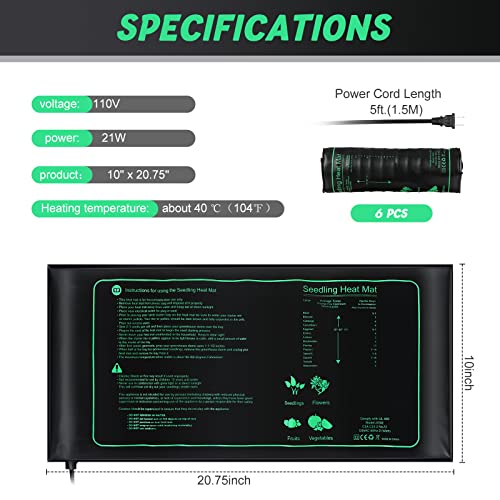 Roceei 6 Pack Durable Seedling Heat Mat 10" X 20.75" Waterproof Plant Heating Pad Warm Hydroponic Plant Heating Mat Plant Grow Pad For Indoor Greenhouse Grow Seed Starting And Plant Germination #TOP1
