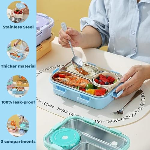 Image of Storescent Lunch Box 3 Compartment Leak-Proof BPA Free Stainless Steel, Lunch Box for Kids, Lunch Box for School & Office with a Fork, a Spoon and a Pair of Chopsticks, 750 ml (Purple)