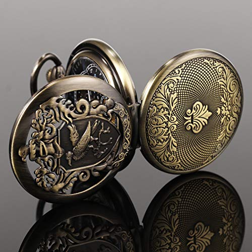Image of TREEWETO Men's Retro Double Open Skeleton Mechanical Roman Numerals Shield Pocket Watch with Chain for Men Women