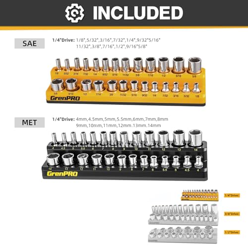 Image of GRENPRO Socket Organizer, 2-Piece Drive SAE & Metric Socket Holder, 1 /4 inch Tray Holds 52 Sockets(Socket Not Included)