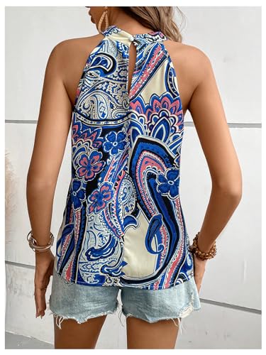 Image of RoseSeek Women's Tropical Paisley Halter Blouse Boho Shirt Vacation Tops