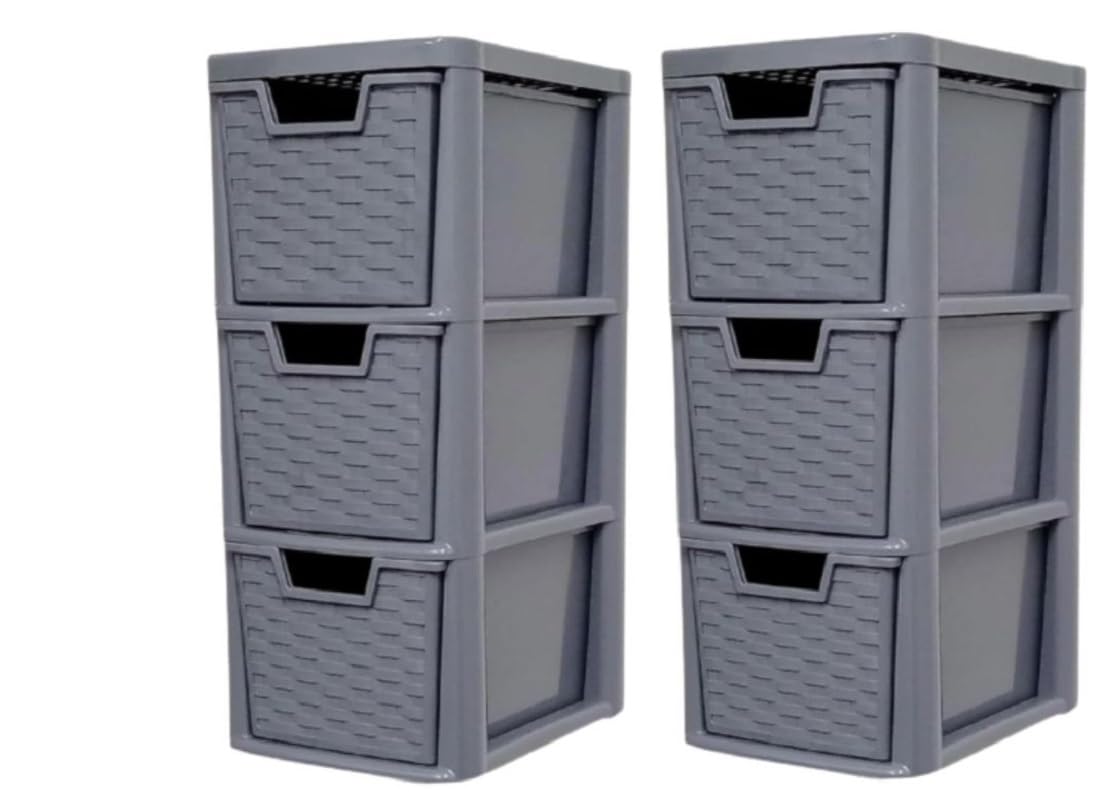 Khanary 2x A5 Plastic Storage 3 Drawer Rattan Style Medium Drawer Multipurpose 3 Tier for Home Office Kitchen Bath Bedroom Garage Study Stationery Toys Books Magazines (H)48 (D)25 (W)19cm-Grey