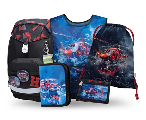 Baagl Schulranzen Jungen Set 5 Teilig (Airy Plus Schultasche für 1. Klasse Mäppchen Turnbeutel Schürze Brustbeutel) Grundschule Ranzen Ergonomischer Schulrucksack 25 l (Lebensretter)
