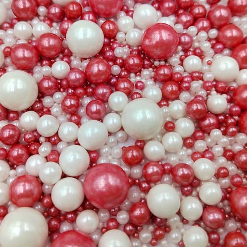 Image of Edible White Red Sugar Pearls Candy Sprinkles 120G / 4.23Ounce Baking Cake Sprinkles Cupcake and Cake Topper Cookie Decorations Wedding Party Valentines Halloween Christmas Supplies