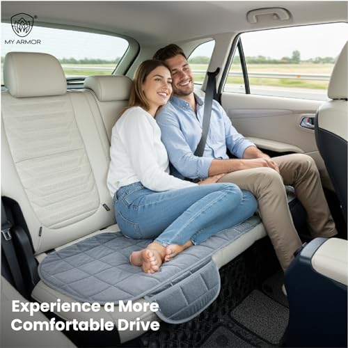 Image of MY ARMOR Car Seat Cover | Ultra-Soft Quilted Foam Cushion with Non-Slip Grip & Storage Pouch | Universal Fit Rear Car Seat Protector | Extra Large 50 x 20 Inches | Grey Velvet | 1 Pc