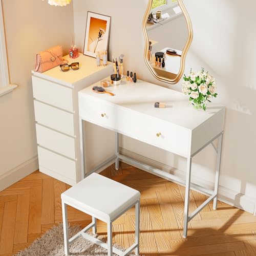Image of SUPERJARE 31.5 inch White Desk with 2 Drawers, Modern Makeup Vanity