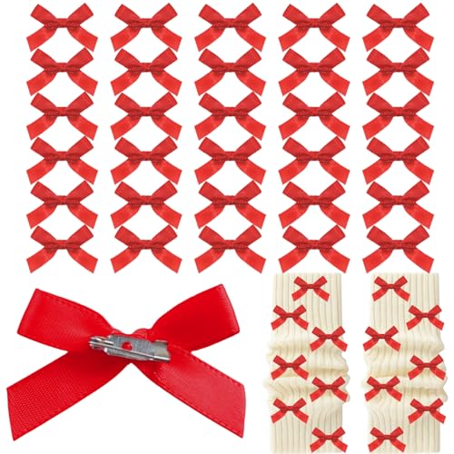 Image of 30pcs Bow Charms for Socks Mini Ribbon Bow Junk Socks Charms Brooch Pins Girly Y2K Decorative Pins for Shoes Shirts Hats Socks Gloves Crafts Coquette Safety Pins Accessories Bulk (Red)