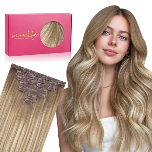 WENNALIFE Seamless Clip In Hair Extensions Human Hair, 24 Inch 160g 7pcs Balayage Dirty Blonde with Platinum Ends Hair Extensions Clip in Human Hair Invisible PU Skin Weft Natural Remy Human