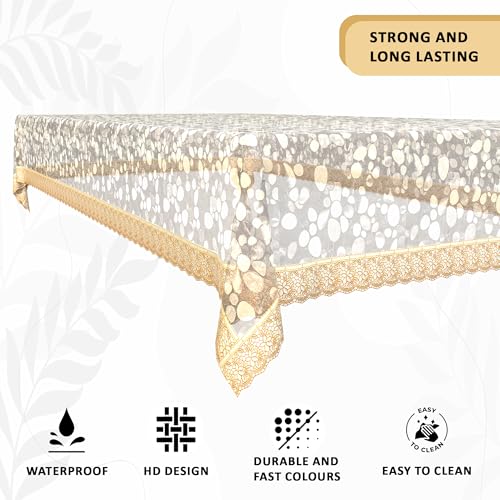 Image of Kuber Industries Waterproof 45x70 Inches Rectangular Table Cloth For 4 Seater Dining Table | PVC Study Table Cover Sheet & Protector | Stone & Golden Lace