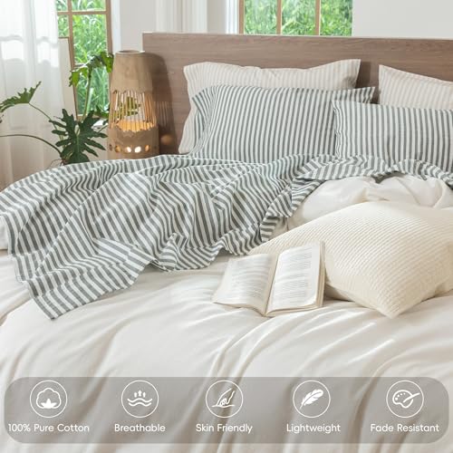 Image of MooMee Striped Sheet Set 100% Washed Cotton Linen Like Cal King