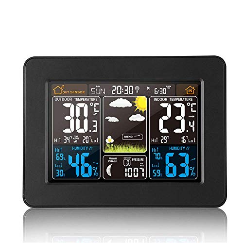 Drahtlose Wetterstation mit Sensorfarbe Digitaler Vorhersage-Wecker mit Innen-Außenthermometer Temperatur Luftfeuchtigkeits-Wecker Wetterwetter