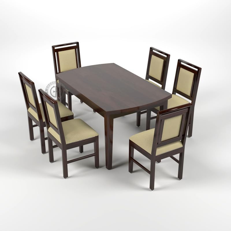 Image of Sheesham Wood Oval Dining Table with Cushion Chairs Set for Home Hall | Solid Wood Dinner Table with Chairs for Hotels | Dining Room Sets (Walnut Finish, 6 Seater)
