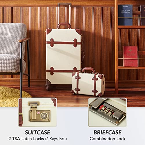 Co-Z Vintage Luggage Sets, 2 Piece Retro Suitcase With Spinner Wheels Tsa Lock And Carry On Briefcase, Large 24" Trunk Small 12" Train Case Leather Travel Luggage Set For Women Men, Beige #TOP3