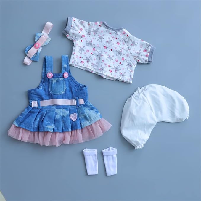 Reborn Baby Dolls Clothes for 17-22 inch Girl Outfits Accesories ?Denim Skirt 5pcs Set ?