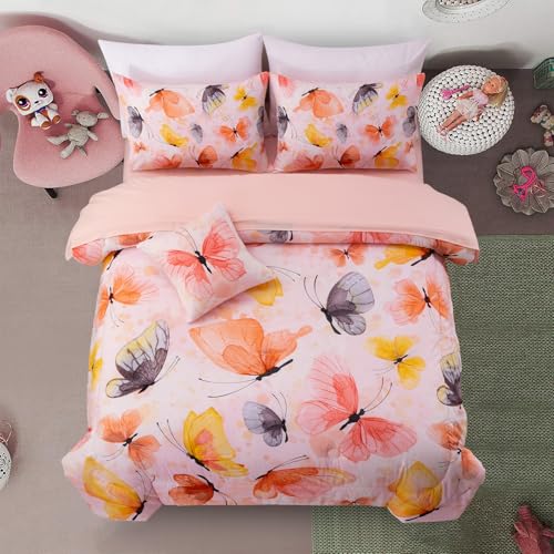 Image of A Nice Night 6pcs Bed in A Bag Watercolor Ink Wash Tie-Dye Butterfly Printed, Butterflies Bedding Comforter Set, Orange Full