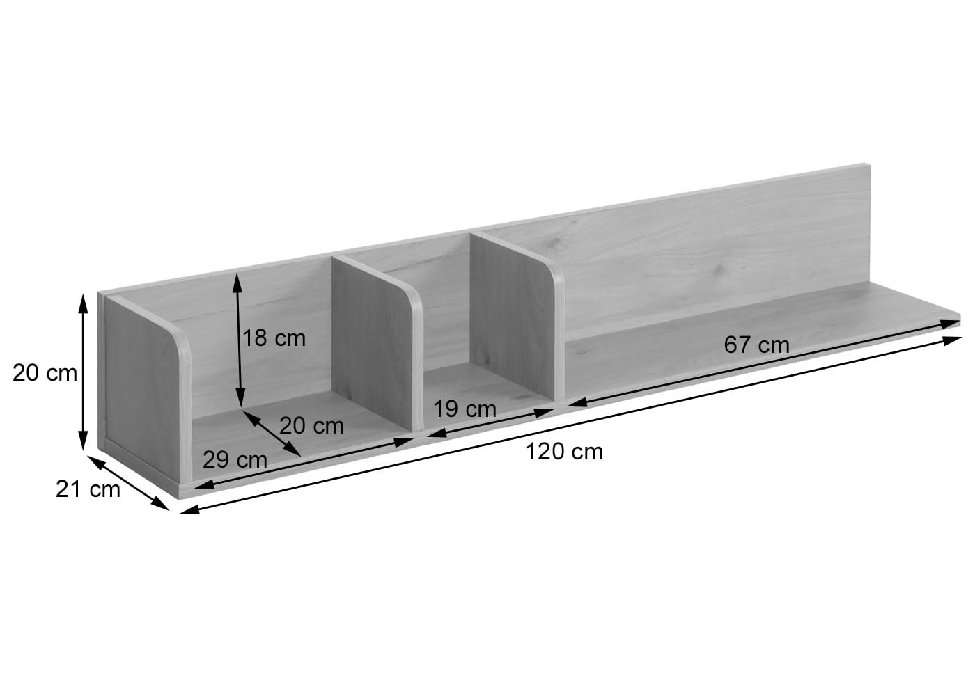 Mendler HWC-M48 - Estantería de pared (3 compartimentos, 20 x 120 x 21 cm), color natural | Estantería suspendida, estantería de madera, estantería flotante