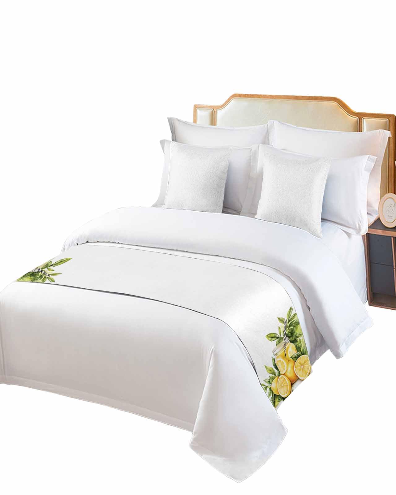 Summer Lemon Bed Runner for King Size, Yellow Fruits Spring Green Leaf Vase Bedspread Protector Slipcover Bed Scarf for Foot Runners & Scarves for Bedroom Hotel Wedding Room 102x20 Inches