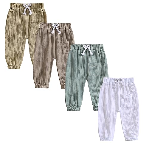 Ursobutegl Toddler Baby Boy Girl Cotton Linen Joggers Pants Elastic Basic Pocket Long Pants Harem Bloomers Infant Fall Clothes (4pcs, 0-6 Months)