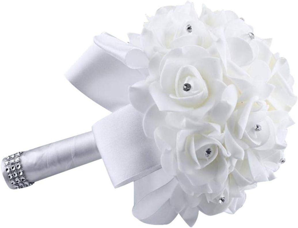 Wedding Bouquet, Crystal Pearl Silk Rose Bride Bridesmaid Wedding Holding Roses, 25 * 20cm Artificial Fake Flowers for Wedding Parties and Churches (White)