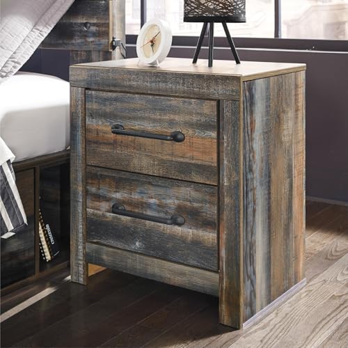 Image of Signature Design by Ashley Drystan Rustic Industrial 2 Drawer Nightstand with 2 Slim-Profile USB Charging Stations, 24.37 inch Tall, Weatherworn Brown