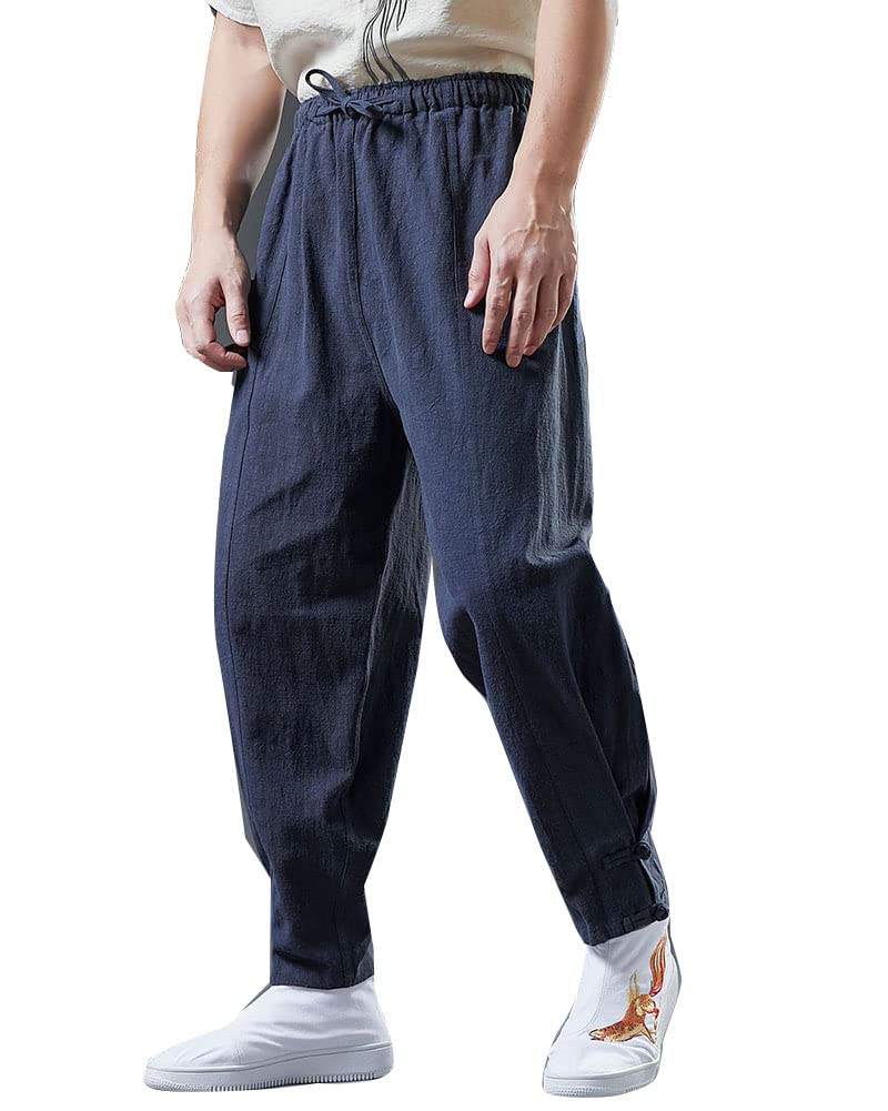 GUOCU Męskie spodnie chinosy Ramie ze ściągaczem jednokolorowe lniane spodnie swobodne luźne spodnie zwężane proste spodnie do jogi letnie spodnie plażowe Lounge Wear