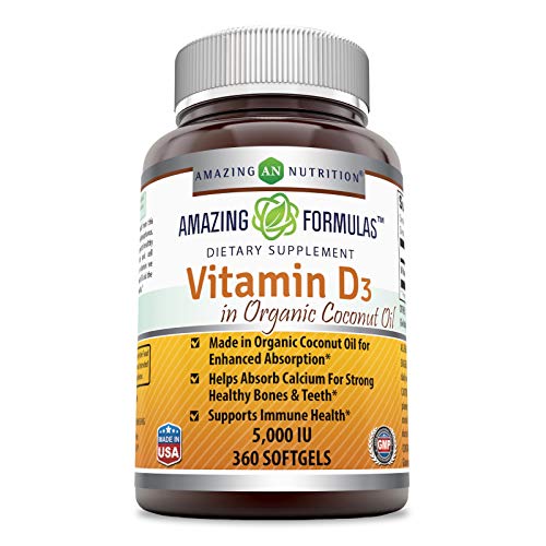 Amazing Formulas?Vitamin D3 with Organic Coconut Oil -?5000?IU, 360?Softgels - Most Important Vitamin?for?Optimal Body Function * Supports Bone Health, Cardiovascular Health, Kidney Function and More