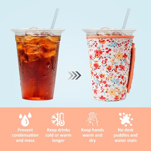 Image of KJQJLY 3 Pack Reusable Iced Coffee Sleeves for Iced Coffee Cups or Drinks Reusable Neoprene Insulated Sleeves for Hot and Cold Drinks from Starbucks, Dunkin, And More (Light orange floral)