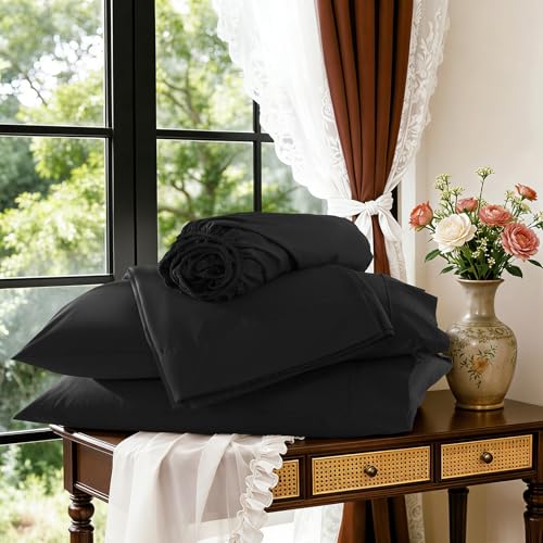 Image of 100% Egyptian Cotton Sheet Set 4 Pcs , 1200 TC, 16 inch Deep Pocket Sheet Queen | Long Staple Cotton Sheet, Soft and Breathable, 1 Fitted Sheet, 1 Flat Sheet, 2 Pillowcase Cozy for All Season, Black