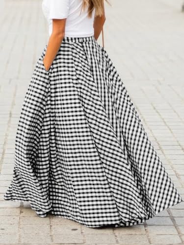 ebossy Retro Plaid Long Skirts for Women High Waist Pleated Flowy Swing A-line Maxi Skirts with Pockets4