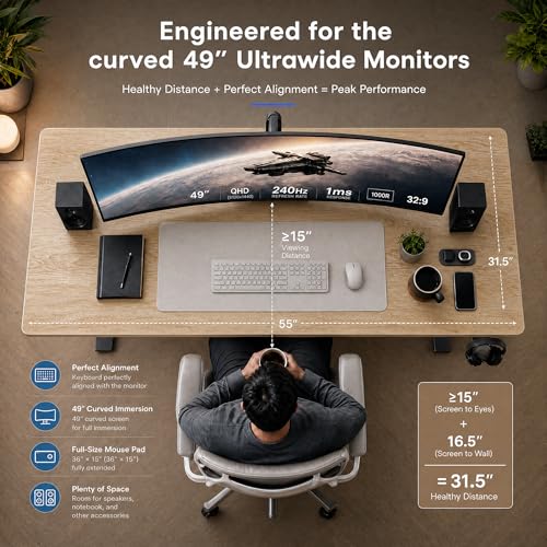 Image of Grandder 55x32 Extra-Deep Electric Standing Desk, Wide Desktop Fits 49 inch Ultrawide Monitor+Dual Screens, 176 lbs Capacity, 2 Memory Presets, Anti Collision, Computer Desk for Home Office & Gaming, Oak