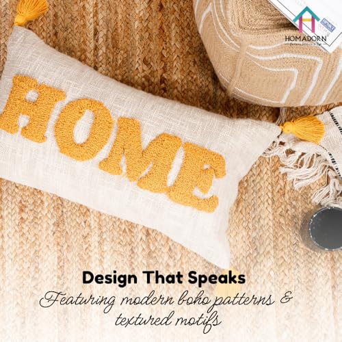 Image of HOMADORN 100% Cotton Text Pattern Handtufted /Embroided Decorative Cushion Cover (12X20 Inches) (2, Home Yellow)