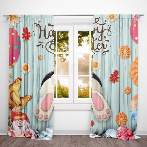 DOTOOMA 82 x 84 Inches Blue Plank Jumping Bunny Happy Easter Window Curtain Turkey Daisy Sunflower Flower Print Easter Egg Holiday Decoration Cartoon Indoor Window Decor Supplies Drapes 2 Panel