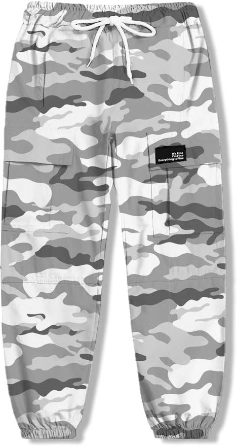 Image of Cromoncent Girls Cargo Pants Elastic Waist Lightweight Outdoor Jogger Pants, Gray White Camo 7-8 Years