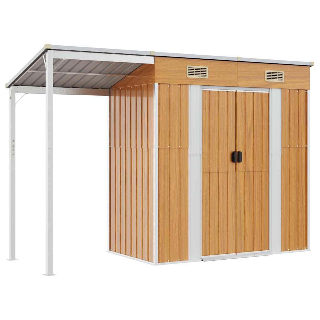 vidaXL Abri de Jardin avec Toit Prolongé, Cabane à Outils avec Poignées, Remise à Outils, Abri de Rangement Terrasse, Marron Clair 277x107x181 cm Acier