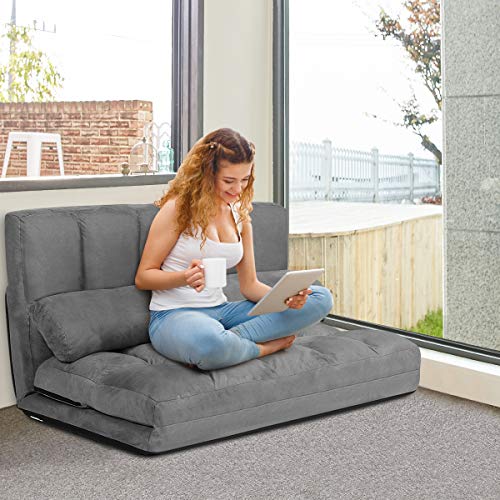 COSTWAY Schlafsofa mit 2 Kissen, Sofabett mit 6 stufig Verstellbarer Rücklehne, Lazy Sofa klappbar, Bodensofa für… – Bild 3