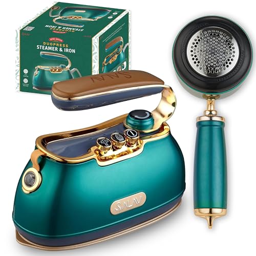 SALAV Retro Edition Duopress Steamer and Iron with Fabric Shaver and Lint Roller Bundle, Emerald