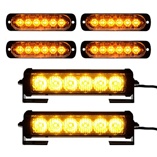 Astra Depot 2pcs 6-LED Strobe Light Bar w/Brackets + 4pcs Surface Mount Slim 6-LED Flashing Lamps for Car SUV Pickup Truck Van (Amber)
