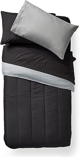 Miniatura 4 de OCM Paquete básico de 5 piezas esenciales  Juego de 5 piezas individual XL  Individual XL  edredón, sábanas y almohada  Blake negro y gris  sólido